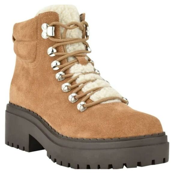 Marc Fisher LTD Hiking Boots Size 7.5 Leather Suede Shearling Lug‎ Sole Booties - Picture 1 of 9